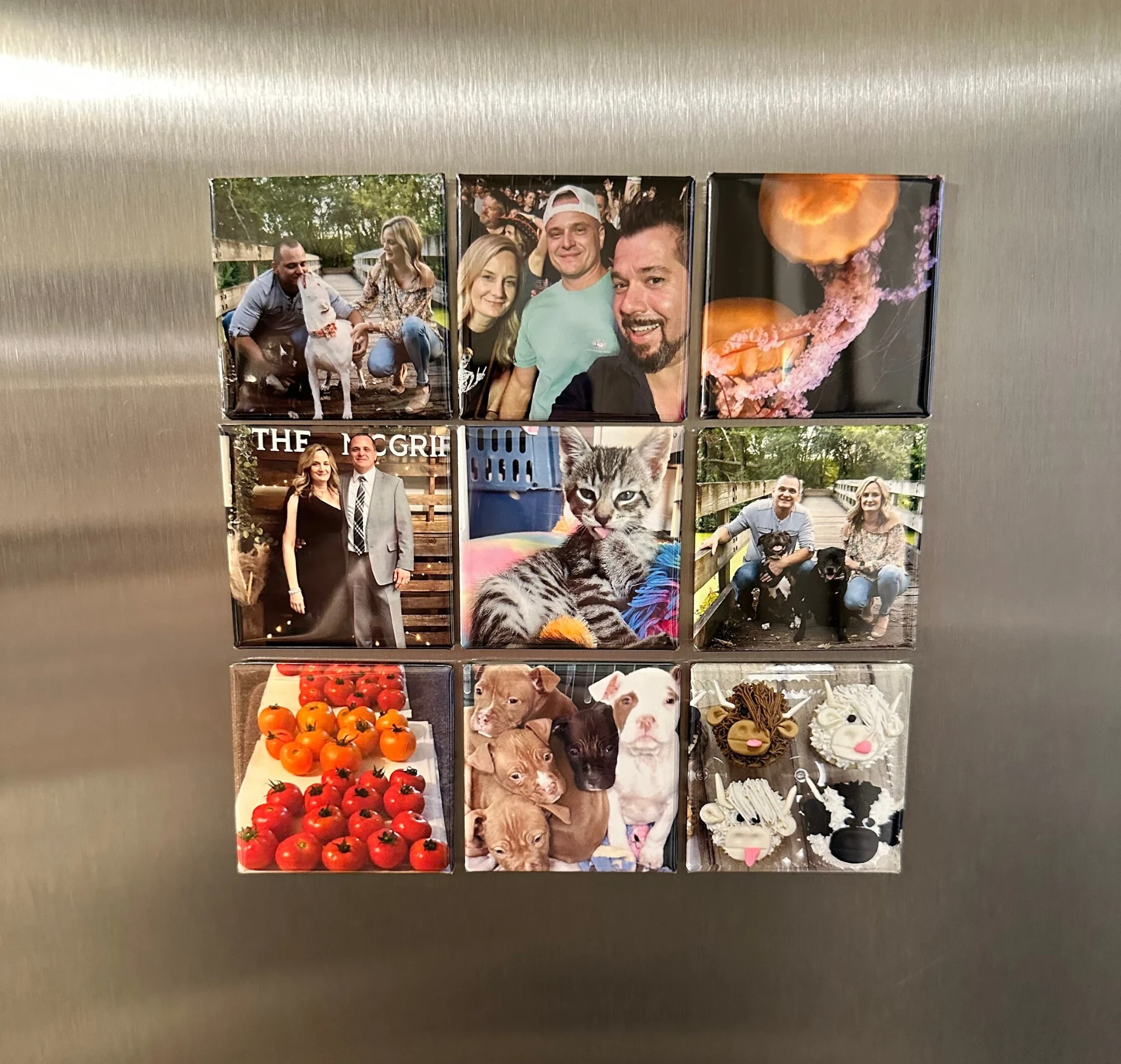 Nine custom photo magnets arranged in a grid on a stainless steel fridge