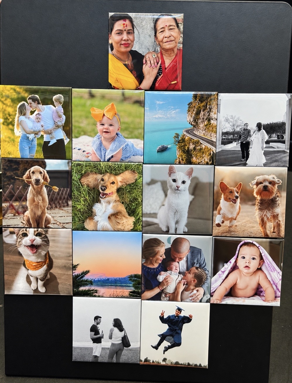 A complete display of custom photo magnets made from family photos