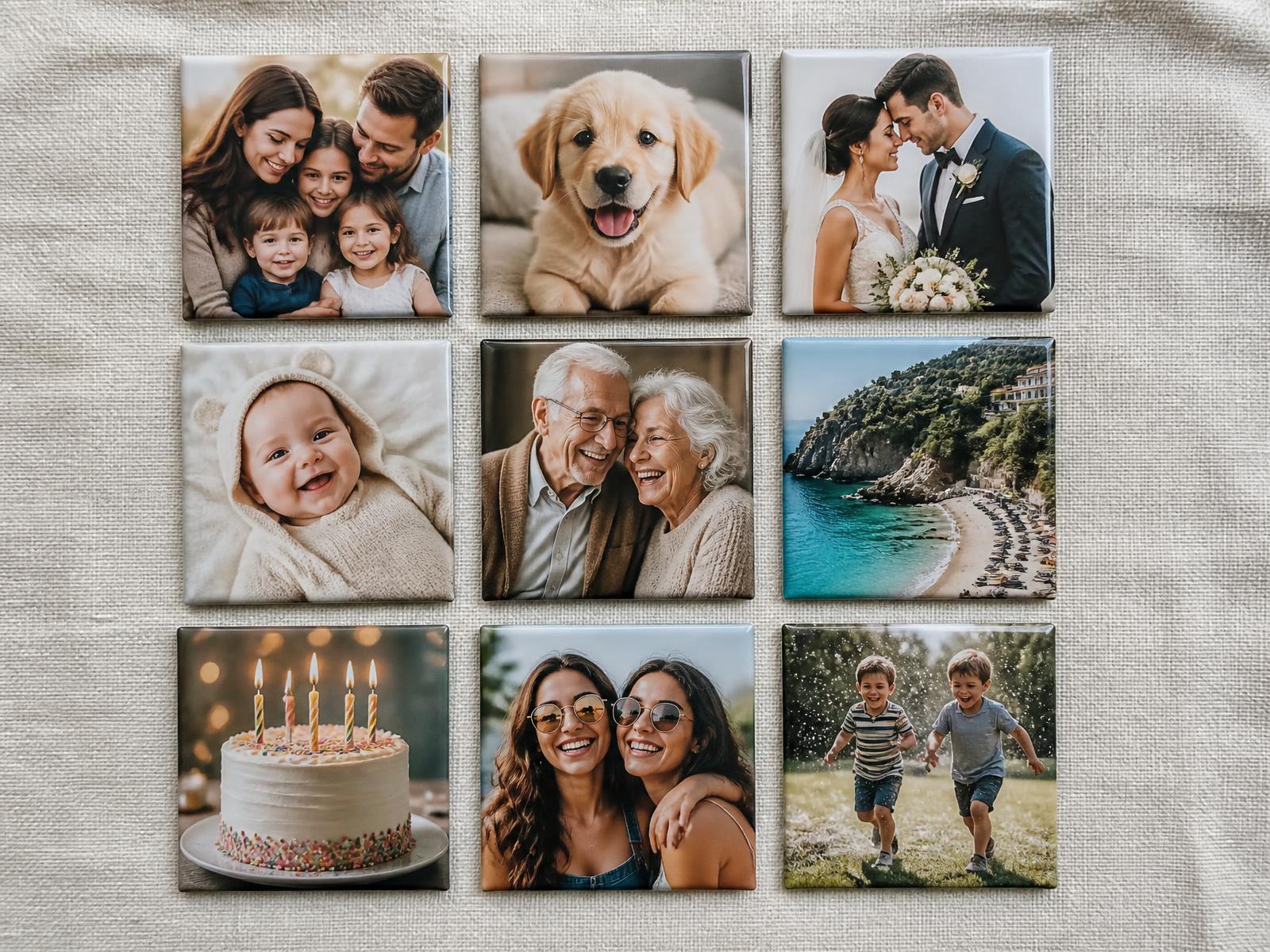 A 3x3 grid of custom photo magnets showing families, pets, weddings and travel